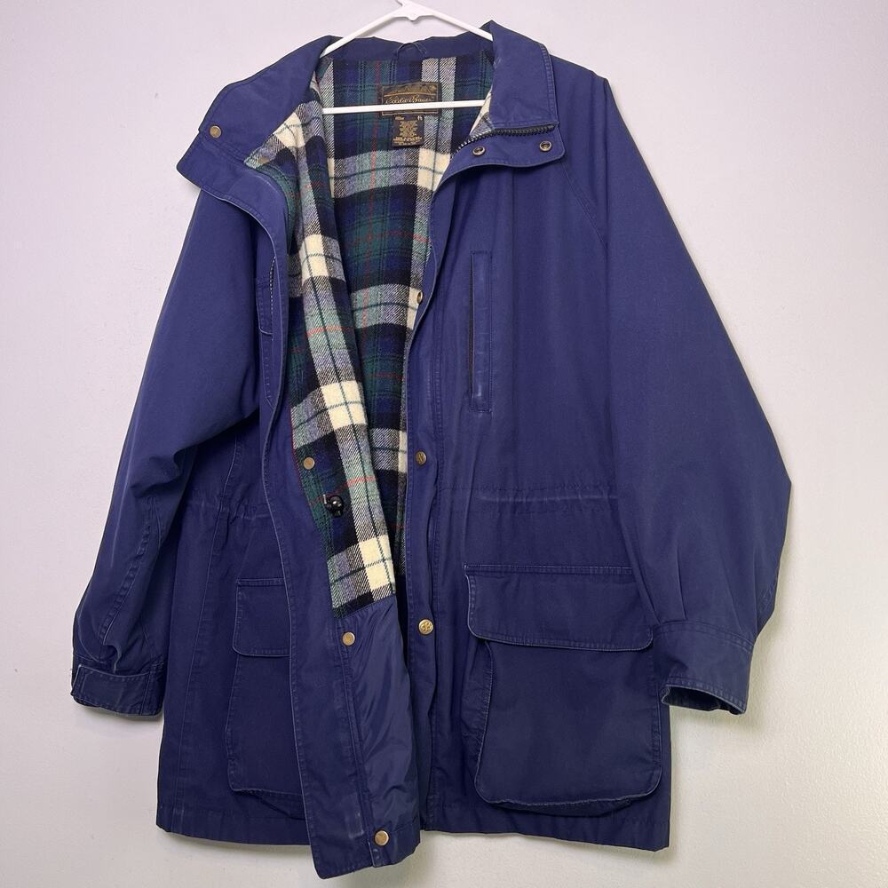 Vintage Eddie Bauer Parka Jacket Mens XL Full Zip Navy Blue Plaid Wool Lined